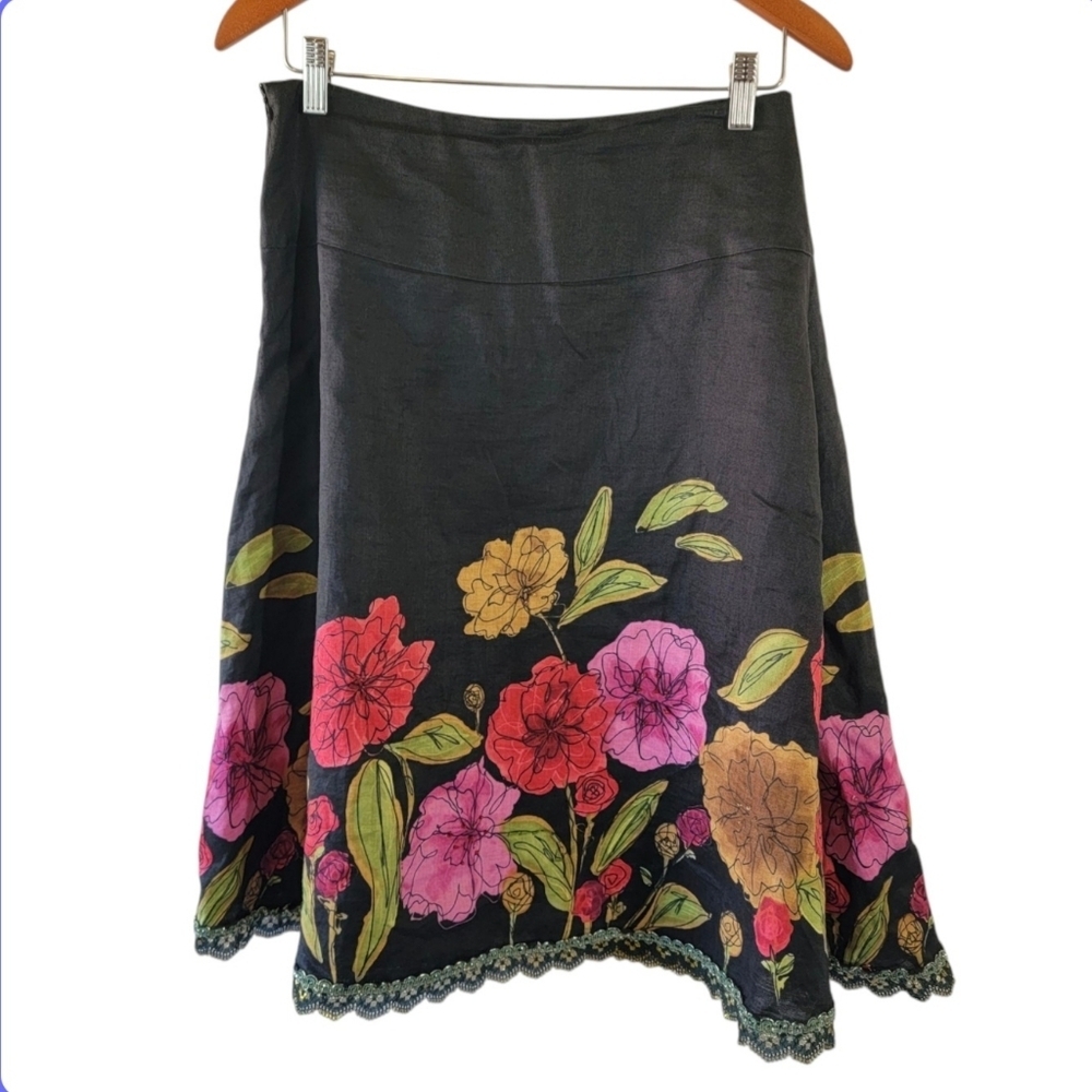 VTG CAROLE LITTLE Black Colorful Floral 100% Linen A-line Skirt 12P Cottagecore